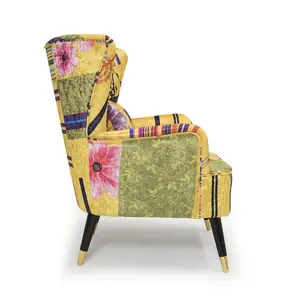 Fabric Gold Patchwork Victoria Accent Wingback Chair