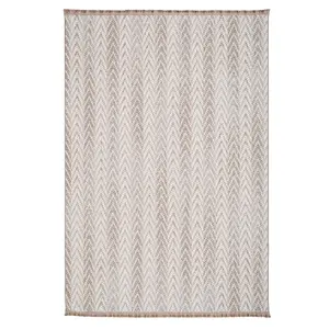 Neutral Beige Brown Herringbone Scandi Fringed Area Rug 200cm x 290cm