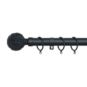 A.Unique Home Knotted Ball Metal Extendable Curtain Pole With Rings and Fittings (25/28mm) - Matte Black, 70cm - 120cm  Approx