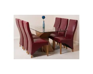 Valencia 160 cm x 90 cm Glass Dining Table and 6 Chairs Dining Set with Lola Burgundy Leather Chairs