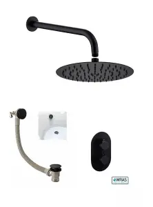 Aquarius RainLux Round Matt Black 2 Outlet Overflow Filler Shower Bundle