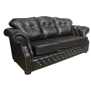 Chesterfield 3 Seater Crystal Black Leather Sofa Settee Bespoke In Era Style