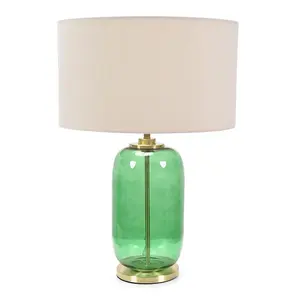 ValueLights Leigh Forest Green Glass and Gold Detail Table Lamp with Natural Drum Shade