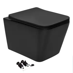 Square Hidden Fixation Wall Hung Rimless Toilet WC Pan & Soft Close Slim Seat - Black