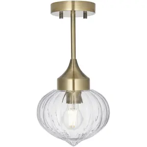 Semi Flush Ceiling Light Fitting - Antique Brass Plate & Ribbed Glass Shade