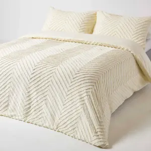 Homescapes Off White Chevron Cotton Tufted Duvet Cover Set, Super King