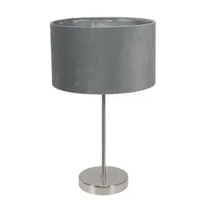 ValueLights Charles Chrome Stem Table Lamp with Grey Velvet with Chrome Inner Lamp Shade and LED Bulb