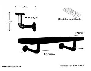 Wooden Shelf with Bracket PIPE Black 175mm Antique Grey Length of 60cm