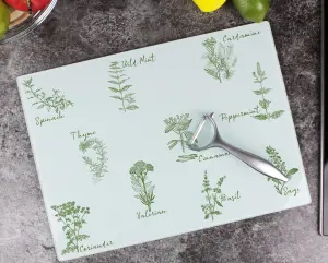 Purely Home Green Herbs Glass Worktop Protector - Large Chopping/Cutting Board Gift