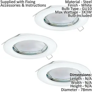 3 PACK Flush / Recessed Ceiling Downlight White Steel 3 x 3W GU10 Bulb