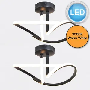 First Choice Lighting Set of 2 Matt Black LED Swirl Ceiling Lights