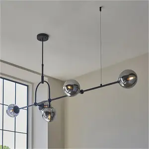 Hanging Ceiling Bar Pendant Light - 5x Grey Tinted Glass Shades - Matt Black Linear Lamp