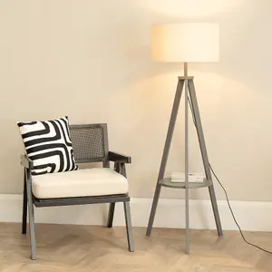 ValueLights Morrigan Grey Wood Tripod Floor Lamp with Linen White Trim Drum Shade & Bulb