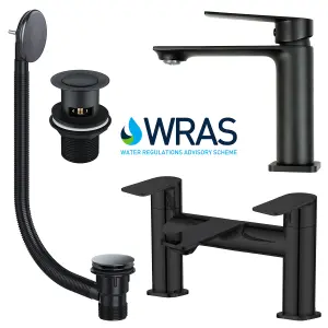 Bathroom Basin Mono Mixer Tap & Bath Filler Set Including Wastes - Matt Black