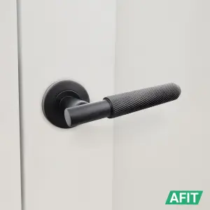 AFIT Matt Black Internal Door Handle - 6 Pairs Knurled Matt Black Lever on Rose Round Handles - Dixon Range