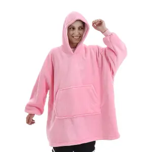 Pink Oversized Sherpa Flannel Hoodie Blanket with Front Pocket