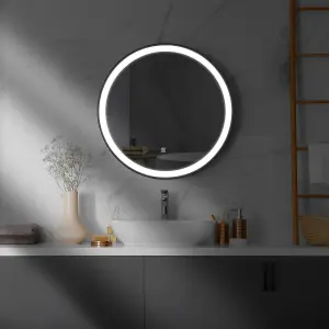 600mm Round LED Illuminated Bathroom Mirror Black Frame - Cool White With Touch Sensor & Demister Pad