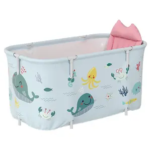 Sky Blue Ocean Large Portable Folding Bathtub Family Soaking Tub with Cushion for Small Bathroom 140cm