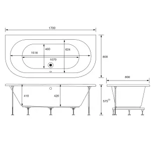 Cooke & Lewis Helena White Oval Curved Bath with 0 Tap holes (L)170cm (W)80cm