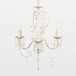 ValueLights Lille Distressed Cream Ornate Vintage Shabby Chic 3 Way Ceiling Light Chandelier with Acrylic Jewels