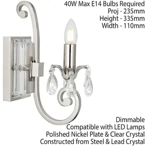 Esher Luxury Single Curved Arm Traditional Wall Light Bright Nickel Crystal Drop