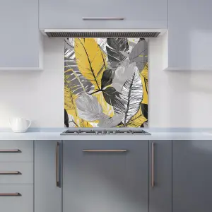 Grey Yellow Floral Leaves Premium Glass Kitchen Splashback W600mm x H650mm