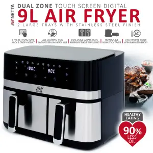 NETTA 9L Dual Basket Low Energy Air Fryer with Digital Smart Programmes