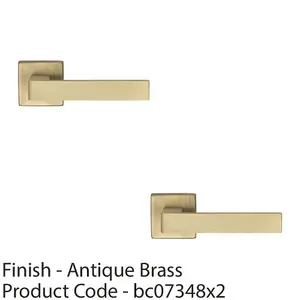 2 PACK - Contemporary Flat Door Handle Set - Antique Brass Sleek Lever on Square Rose