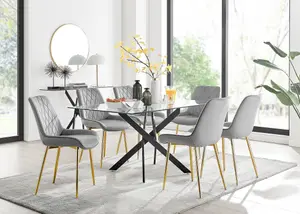 Furniturebox UK Leonardo Black Leg Glass Dining Table & 6 Grey Pesaro Gold Leg Chairs