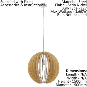 Pendant Ceiling Light Colour Satin Nickel Shade Maple Wood Medium Bulb E27 1x60W