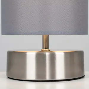 ValueLights Francis Pair of Brushed Chrome Touch Dimmer Bedside Table Lamps with Grey Cylinder Light Shades