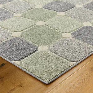 Modern Easy to Clean Chequered Geometric Green Rug for Dining Room-80cm X 150cm