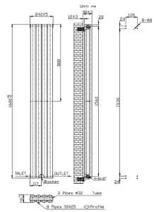 VURTU2 Designer Vertical Double Panel Radiator, 1600(H) x 240(W), Anthracite, 613631