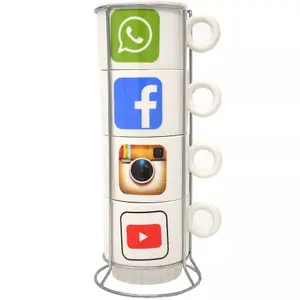 Pack Of 4 Social Media Mugs With Holder Stand Tea Coffee Drinking Hot Drinks