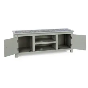 Perth 2 door wide TV unit, grey with stone insert top