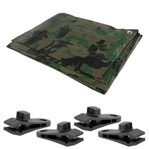 Camo 3 x 4 m Tarpaulin Waterproof Heavy Duty Cover Ground Sheet Camping Multipurpose Furniture Caravan with 4 Tarp Clips