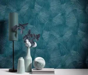 Luxurious Designer Japandi Fan Design Textured Vinyl Wallpaper with Metallic Highlights in Teal