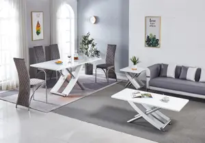 Modernique White MDF Marble Effect Dining Table with 4 Grey Velvet Chairs