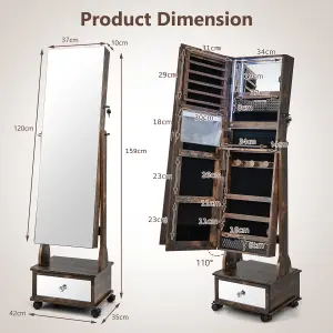 Costway Lockable Jewelry Armoire w/ Full-Length Mirror Mobile Jewelry Cabinet w/ 3-Color Light & Drawer Adjustable Angles