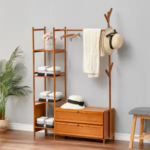 Bamboo Clothes Rail Clothing Hanging Stand Garment Rack with 2 Shoe Rack and 4 Shelves