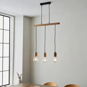 Luminosa Sven Bar Pendant Ceiling Lamp, Matt Black, Natural Wood