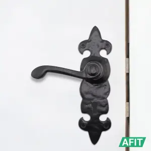 AFIT Black Antique Fleur De Lys Door Handles for Key Lock - 1 Pair of Cast Iron Internal Lever Handles on Backplate