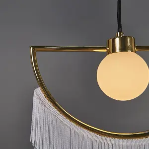 ValueLights Jupiter Brass Semicircle & White Tassel Fringe Ceiling Pendant Light with Frosted Globe Shade with LED Bulb