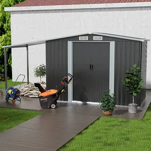 8x6 ft Apex Metal Shed Garden Storage Shed Double Door with Garden Shelter