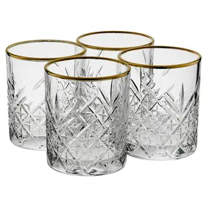 Queensway Home & Dining 420ml 4 Pcs Timeless Tumbler with Gold Rim Whiskey Cocktails Glasses perfect party mug lead free Drinkware