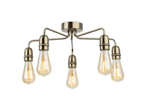 Luminosa Leon Industrial 5 Light Flush Ceiling Fitting Antique Brass