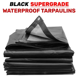 premium grade waterproof tough 240gsm black tarpaulins/builders tarps/camping ground sheet cover up (6m x 10m)