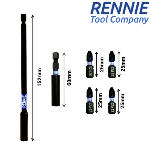 Rennie Tools 6 Piece PZ2 x 25mm Impact Screwdriver Bits Set Pozidriv (Pozi 2) With 2 x Impact Bit Holders (1x 60mm 1x 150mm Long)