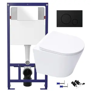 Gloss White Hidden Fixation Rimless Wall Hung Toilet Pan & 1.12m Concealed Cistern Frame WC Unit with Matt Black Flush Plate