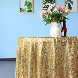 Neel Blue 90 Inch Round Sequin Tablecloth, Gold